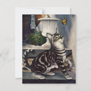Carte Animaux Vintage, Chat Tabby Mignon et Papillon