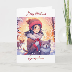 Carte Anime Girl and Dogs avec Arrière - plan de Noël