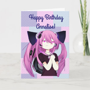 Carte Anime Girl avec casque Chat Oreilles Gros Annivers