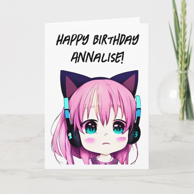 Carte Anime Girl avec casque et oreilles de chat Anniver (Devant)