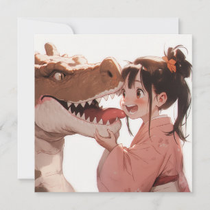 Carte Anime Girl avec Dinosaur Ami