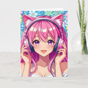 Carte Anime rose mignonne fille avec casque Anniversaire
