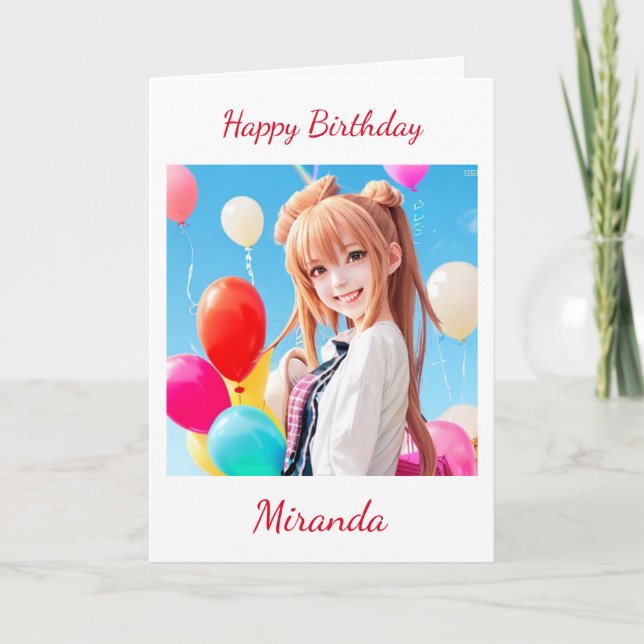 Carte Anime souriante fille avec ballons Anniversaire (Devant)
