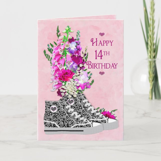 Carte Anniversaire 14ème, filles, noir de fantaisie de (Devant)