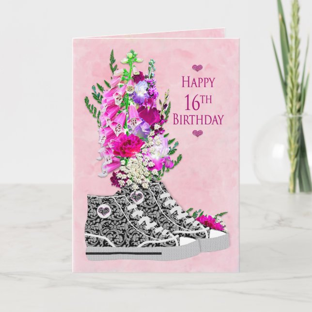 Carte Anniversaire 16, Filles, Basket fantaisie noir/bla (Devant)