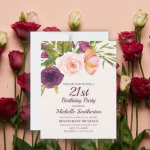 Carte Anniversaire 21 ans Fleurs Rose Pâle Pourpre Bourg