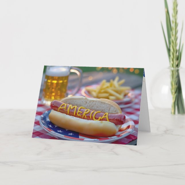 Carte Anniversaire 4 juillet Chien Chaud Avec Bière (Devant)