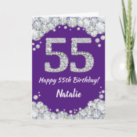 Carte anniversaire 55 ans pailletée violette et ar