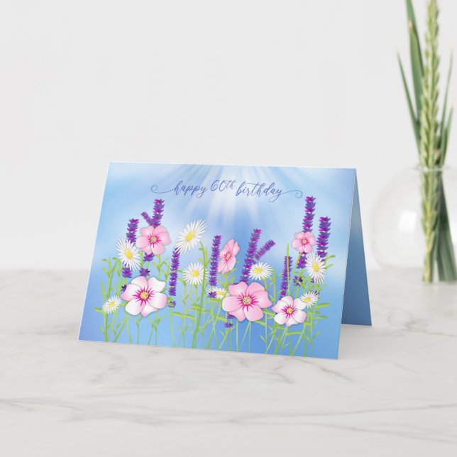 Carte Anniversaire 60e Fleur délicate douce Jardin Bleu (Devant)