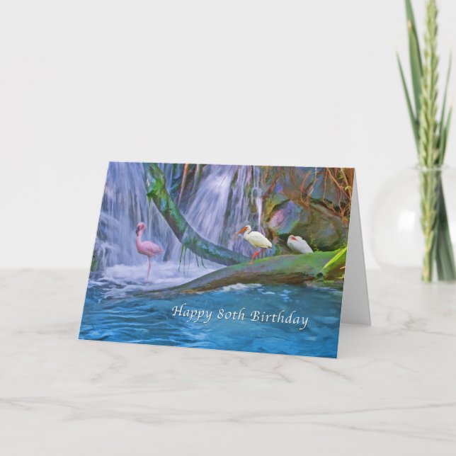 Carte Anniversaire, 80ème, Cascade tropicale, Oiseaux sa (Devant)