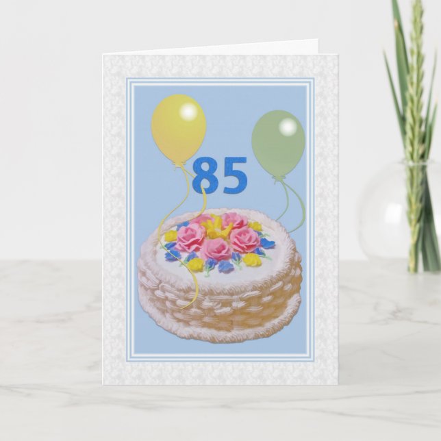 Carte Anniversaire, 85th, gâteau et ballons (Devant)