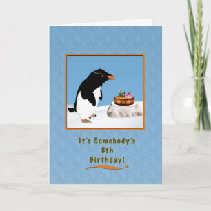 Carte Anniversaire, 8e, Pingouin humoristique et gâteau