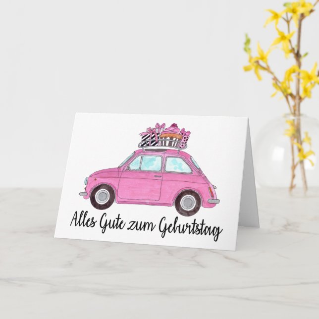Carte Anniversaire allemand Retro Fiat 500 (Fleur jaune)