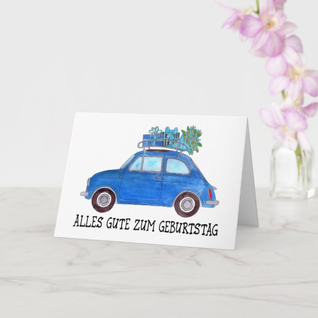 Carte Anniversaire allemand Retro Fiat 500 (Orchidée)