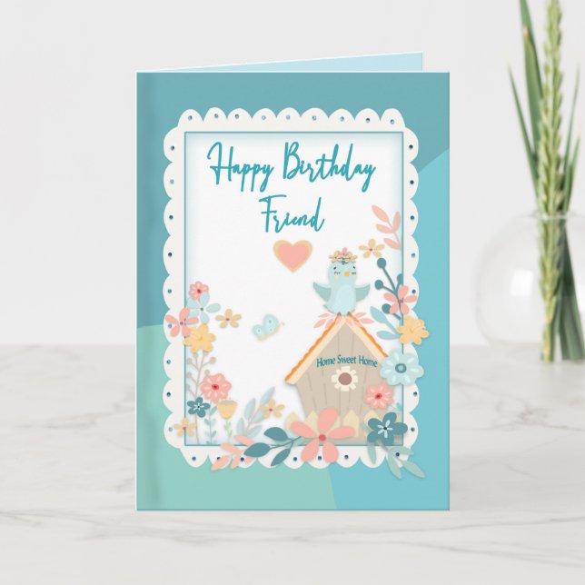Carte Anniversaire, Ami, Aquarelle Oiseaux & Fleurs (Devant)