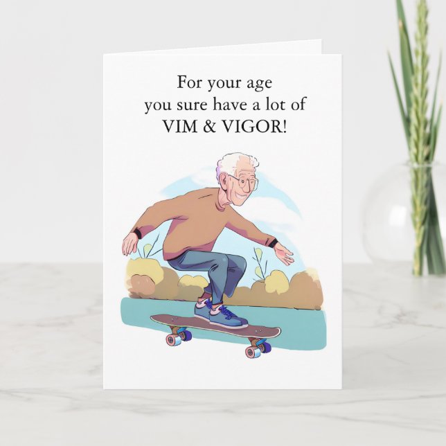 Carte Anniversaire amusant avec un skieur plus âgé (Devant)