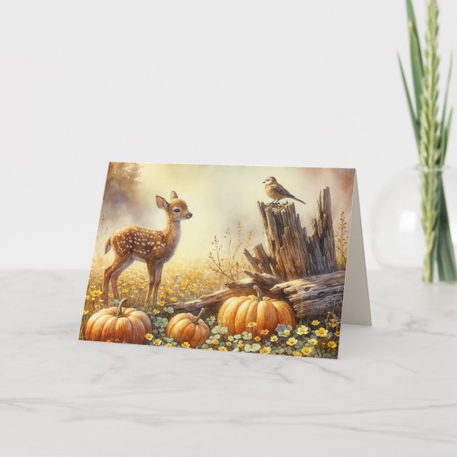 Carte Anniversaire Automne Fawn Dans un Patch Citrouille (Devant)