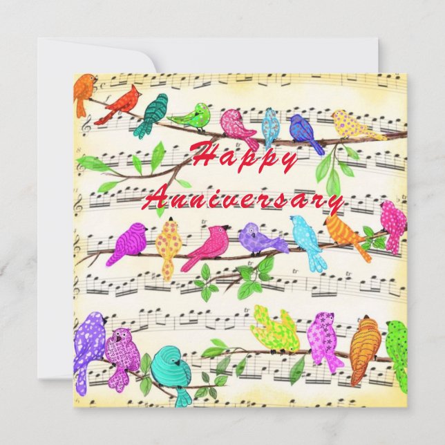 Carte Anniversaire avec des oiseaux musicaux heure (Devant)