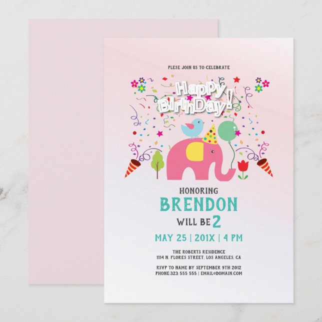 Carte anniversaire avec éléphant et oiseau (Devant / Derrière)
