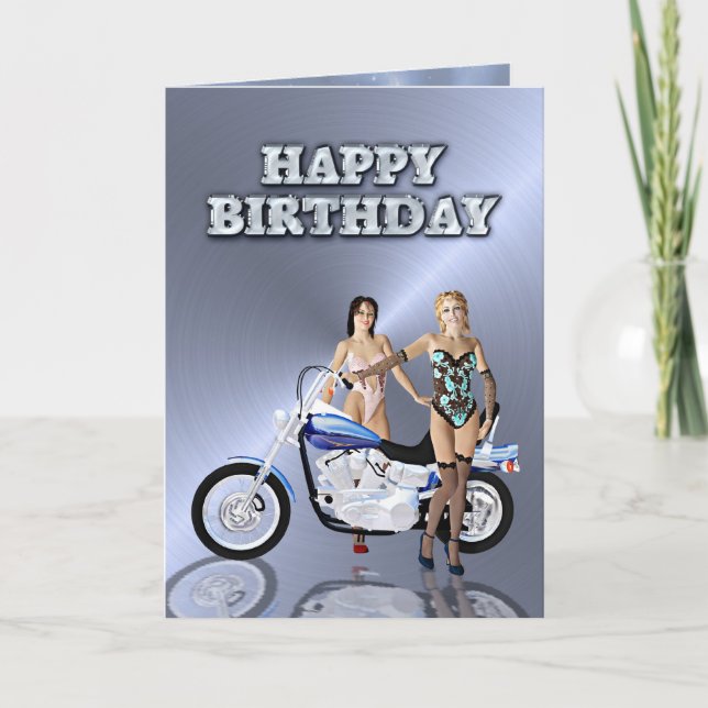 Carte Anniversaire avec filles et moto (Devant)