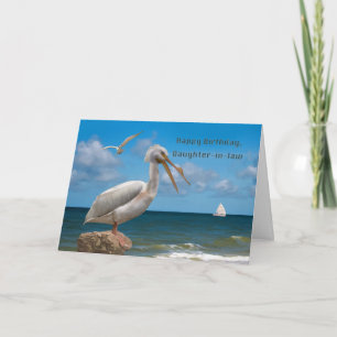 Carte Anniversaire, belle-fille, Pélican blanc sur un ro