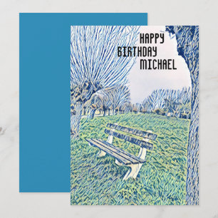 Carte Anniversaire Bleu Aquarelle Jardin Banc Pour Lui
