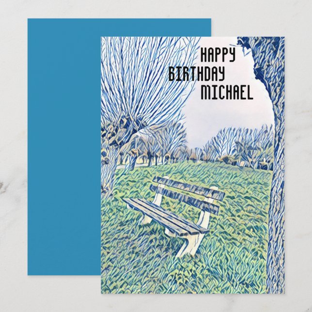 Carte Anniversaire Bleu Aquarelle Jardin Banc Pour Lui (Devant / Derrière)