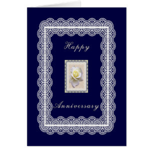 Carte Anniversaire, Bleu foncé avec Rose Blanche &