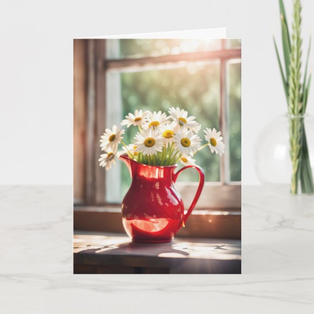 Carte Anniversaire Bouquet Daisy En Pitcher Rouge (Devant)