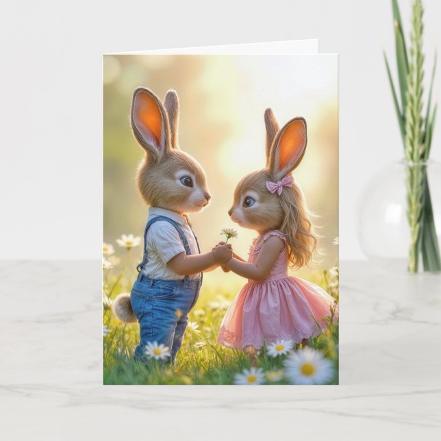 Carte Anniversaire Bunny Romance dans un champ de margue (Devant)