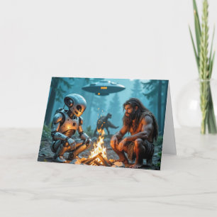 Carte Anniversaire Caveman et Robot Alien par un feu de 
