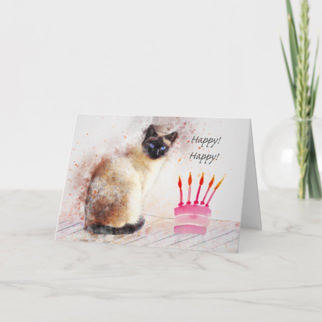 Carte Anniversaire, Chat de Siamèse, Gâteau (Devant)