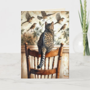 Carte Anniversaire Chat Observation Oiseaux Sur Papier P
