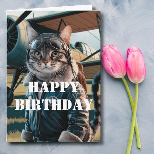 Carte Anniversaire Chat Pilote et avion Cool Funny Aviat