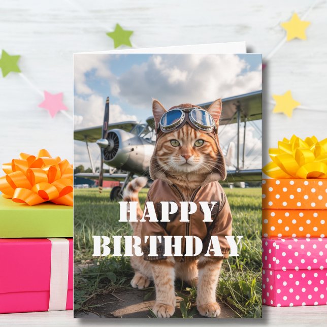 Carte Anniversaire Chat Pilote photo et avion Funny Avia (Créateur téléchargé)