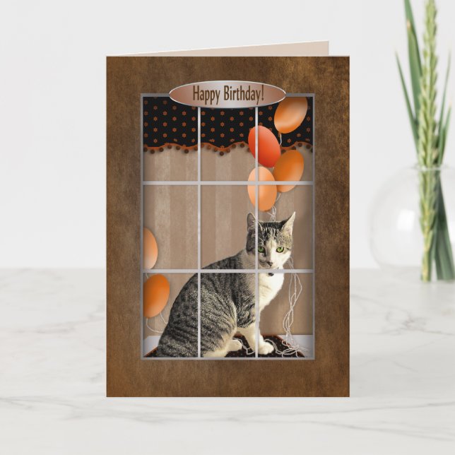 Carte Anniversaire - Chat regarde par la fenêtre - Ballo (Devant)