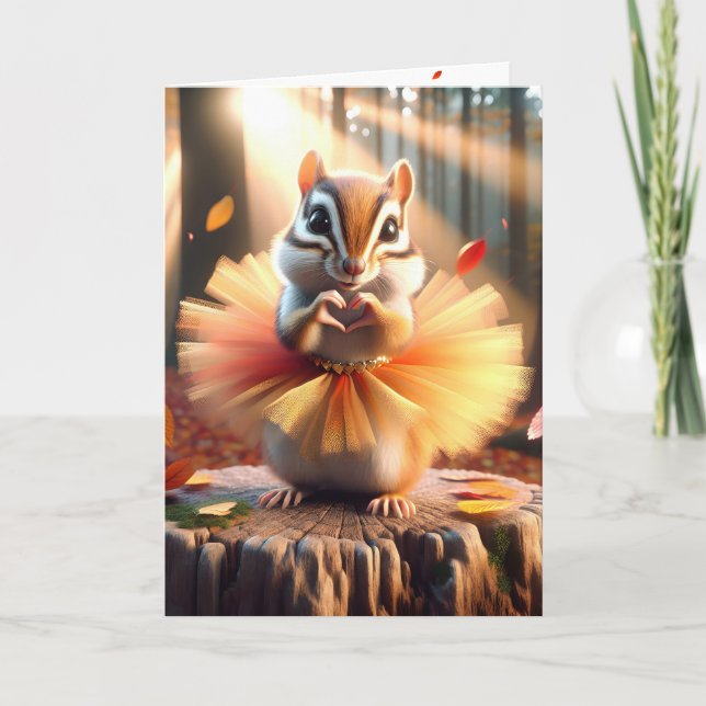 Carte Anniversaire Chipmunk portant un tutu sur une souc (Devant)