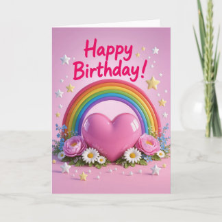 Carte Anniversaire cœur d'amour rose et arc-en-ciel