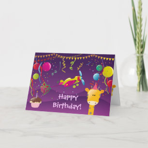 Carte Anniversaire coloré de girafe, d'avion, de gâteau