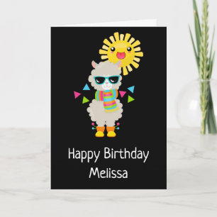 Carte Anniversaire Cool Lama et Soleil Kawaii Souriant