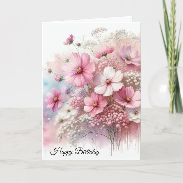 Carte Anniversaire Cosmos Rose Bouquet (Devant)