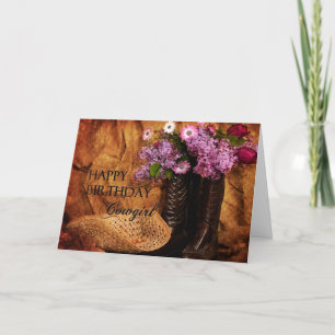 Carte Anniversaire - Cowgirl - Bottes et fleurs