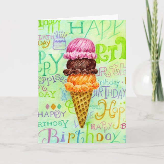 Carte Anniversaire Crème de glace Cone Trois Scoops I (Devant)