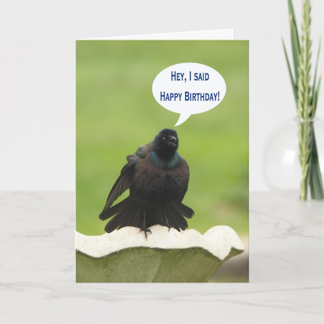 Carte Anniversaire criard d'oiseau noir joyeux pour un (Devant)