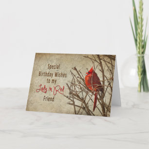 CARTE ANNIVERSAIRE - DAME EN ROUGE - CARDINAL/TEXTURES