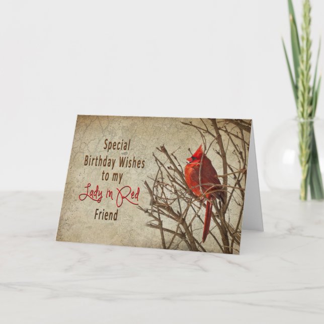 CARTE ANNIVERSAIRE - DAME EN ROUGE - CARDINAL/TEXTURES (Devant)