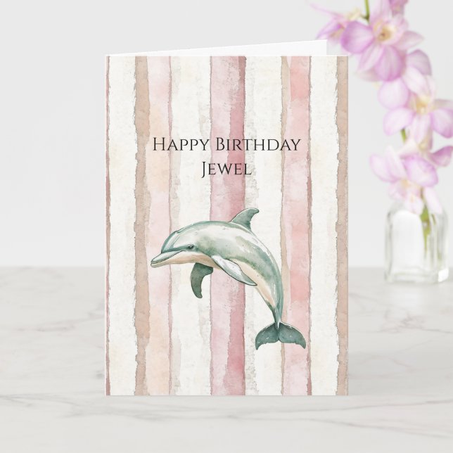 Carte Anniversaire Dauphin Rayures Crème Ivoire Rose (Orchidée)