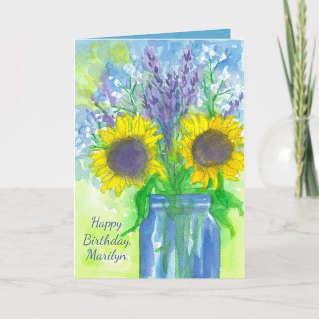 Carte Anniversaire de bouquet de tournesol de lavande (Devant)