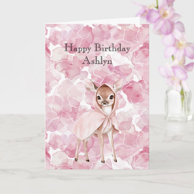 Carte Anniversaire de cerfs doux rose enchanté (Orchidée)