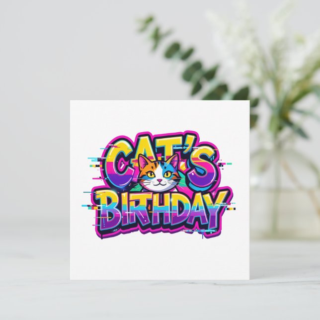 Carte Anniversaire de chat Arc-en-ciel Glitch (Debout devant)